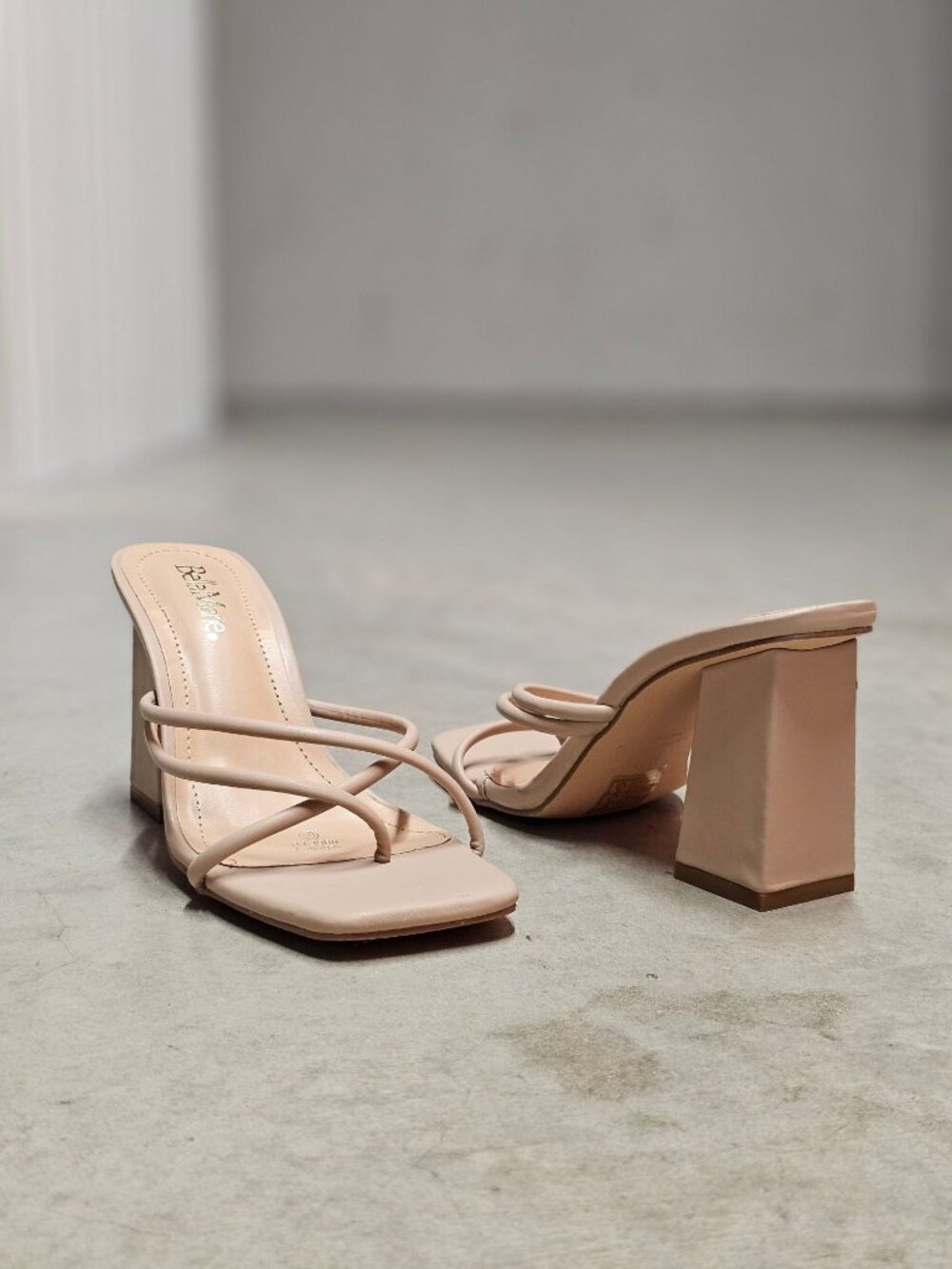 Strappy Nude Block Heel Sandals For Women Square Toe Slip-On Design - Picture 11 of 13